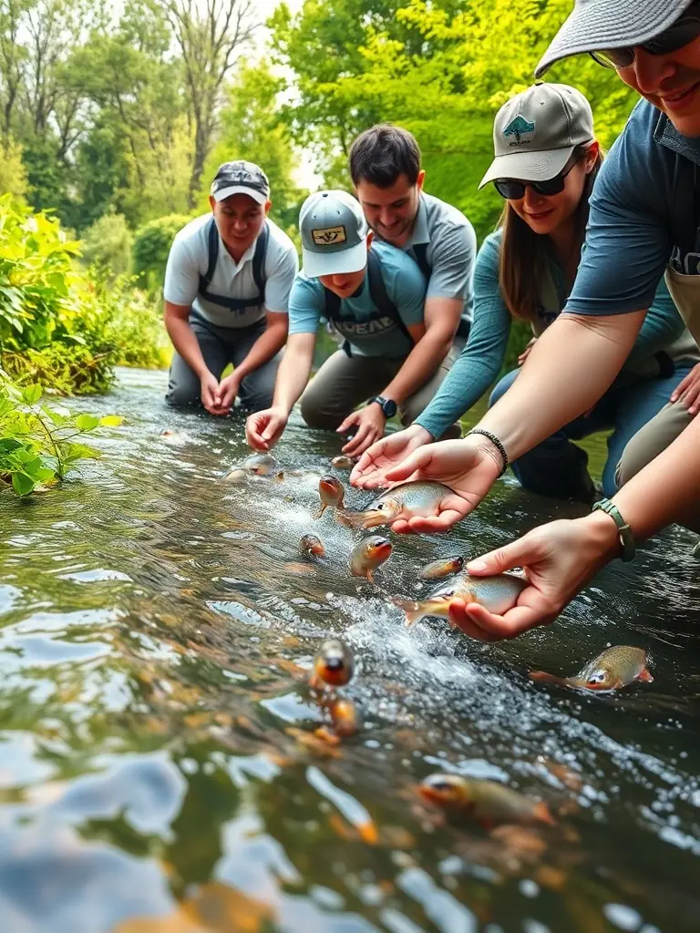 A close-up shot of association members releasing juvenile fish into a river, contributing to the restoration of fish populations and the overall health of the aquatic ecosystem.