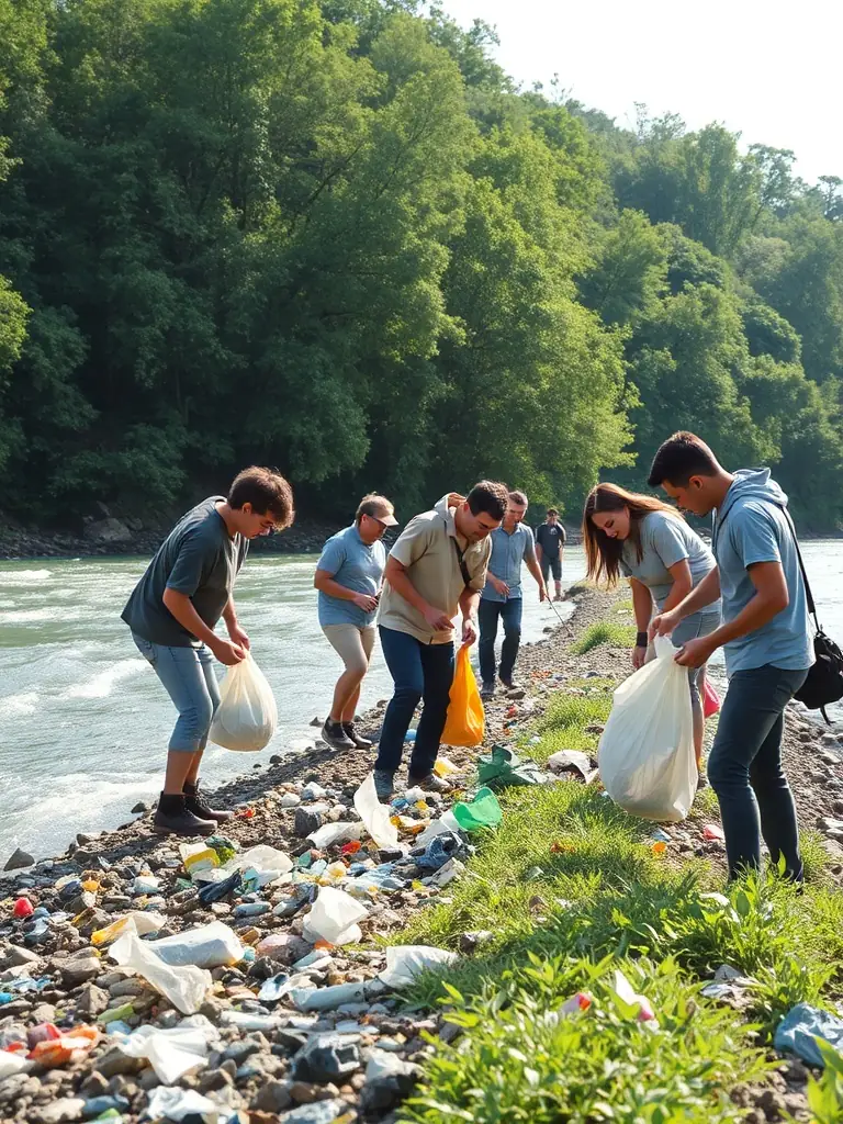 A photograph capturing volunteers from ASSOCIATION DES PECHEURS DE CELLEFROUIN cleaning up debris along the riverbank, showcasing their commitment to environmental conservation.