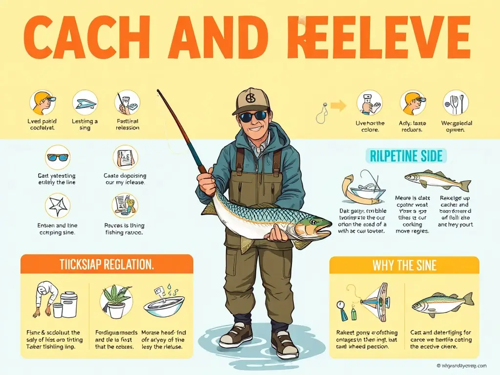An educational poster illustrating responsible fishing practices, such as catch and release techniques, proper disposal of fishing line, and adherence to fishing regulations. The poster should be visually appealing and informative.