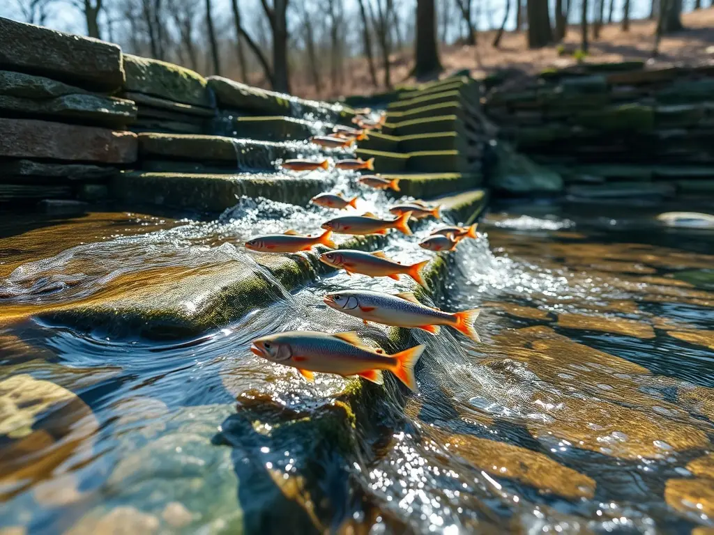 A close-up shot of a fish ladder installed on a small dam, allowing fish to migrate upstream for spawning. The image should highlight the engineering and ecological benefits of fish passage solutions.