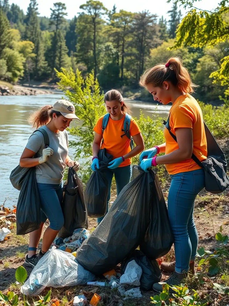 A serene image of volunteers cleaning up a riverbank, removing litter and debris to improve the habitat for fish and other aquatic life, showcasing the association's commitment to environmental stewardship.