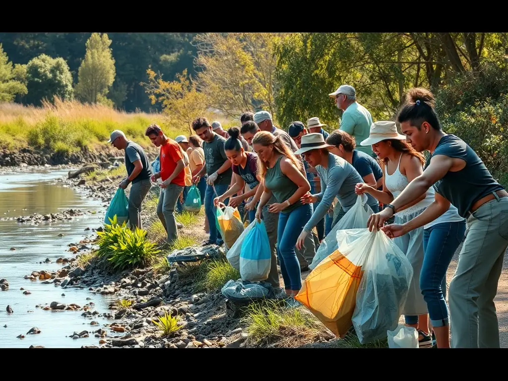 A vibrant image showcasing a group of volunteers participating in a river cleanup, removing debris and planting native vegetation along the banks. The scene should convey a sense of community involvement and environmental stewardship.