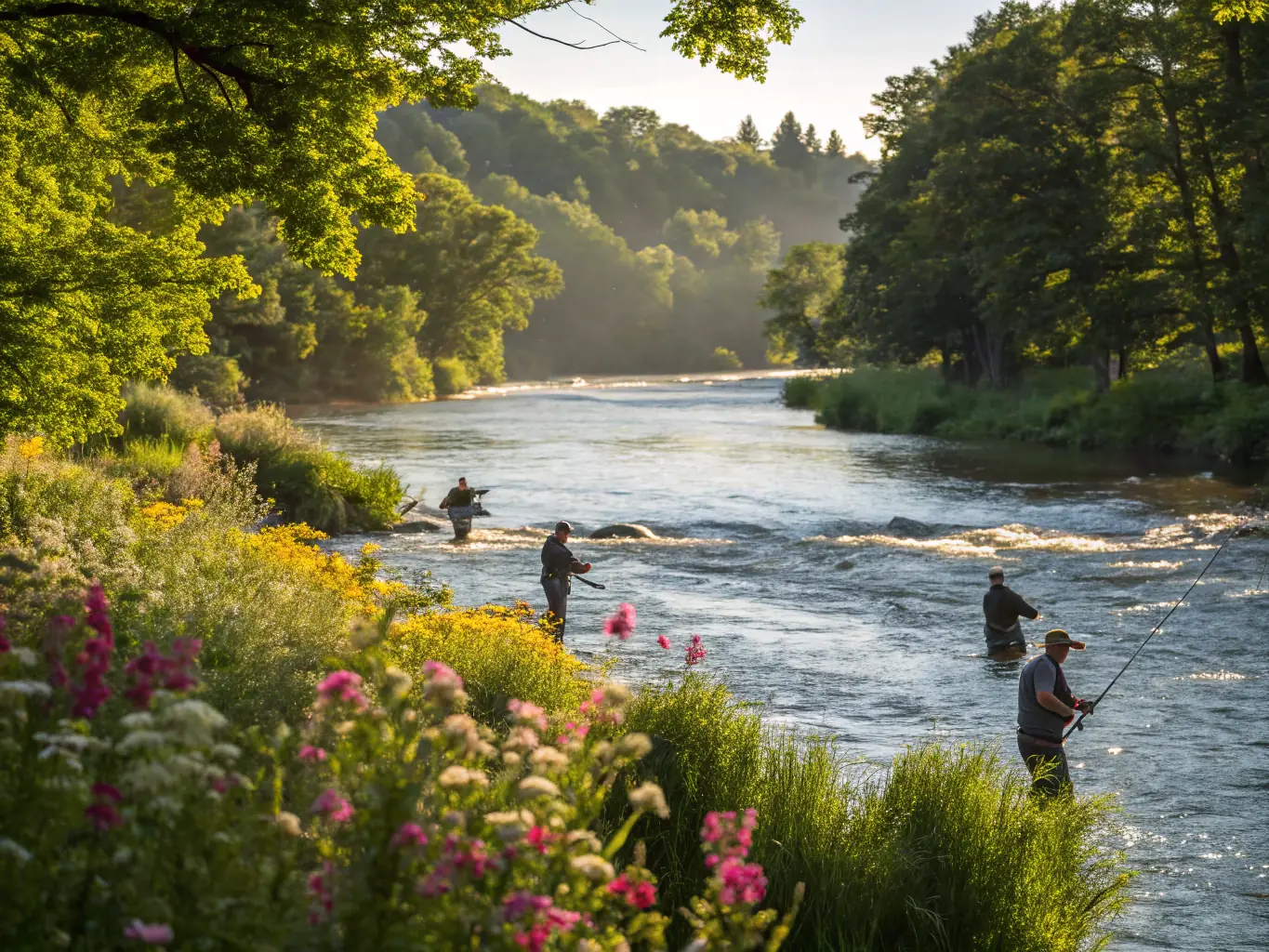 A scenic view of a river with anglers fishing responsibly, showcasing the association's commitment to sustainable fishing practices.