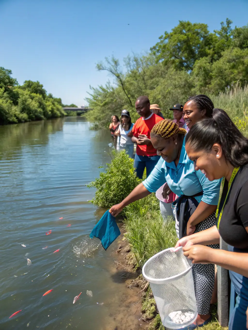 A photo of association members conducting a fish population survey in a local river, carefully recording data to monitor the health and diversity of the ecosystem.
