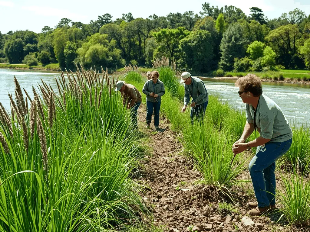 A vibrant image showcasing volunteers planting native vegetation along a riverbank as part of a habitat restoration project.