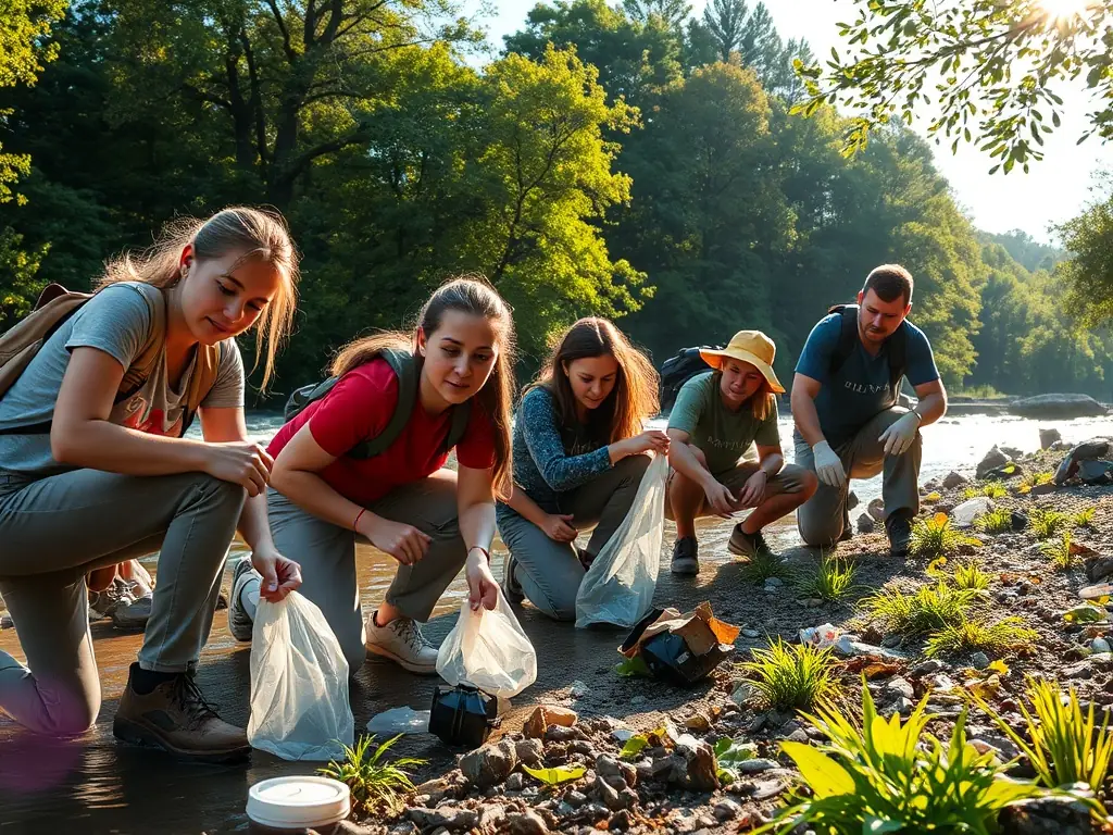 A group of volunteers participating in a river cleanup activity, highlighting the association's efforts to protect aquatic ecosystems.