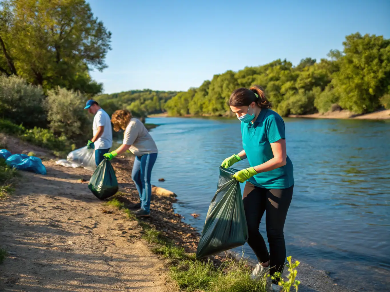 An image of volunteers participating in a river cleanup activity, removing debris and pollutants to improve water quality and protect aquatic life.