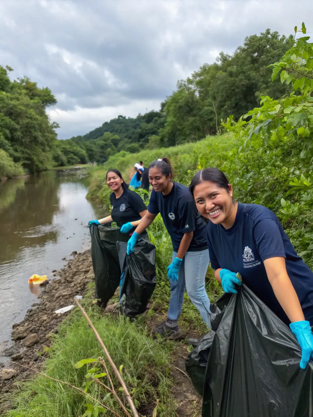 A photograph showcasing a group of members participating in a river cleanup, removing debris and waste, highlighting the association's dedication to environmental stewardship.