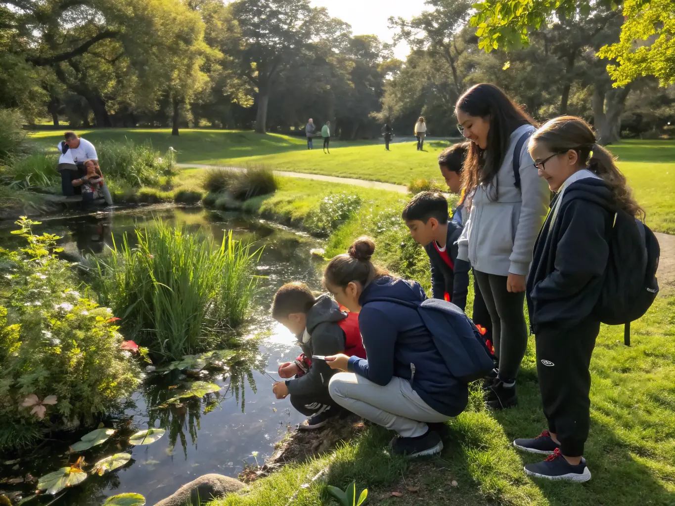A photograph of a local school group participating in an educational workshop about aquatic ecosystems and the importance of biodiversity.