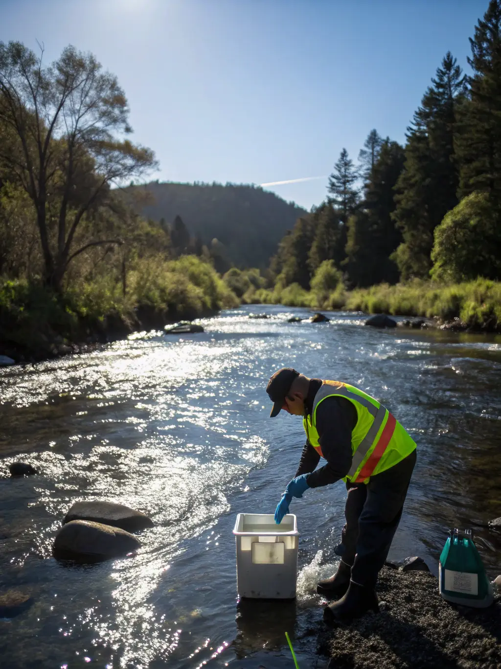 A picture of researchers collecting water samples from a river, with scientific equipment visible, illustrating the association's commitment to monitoring and protecting water quality.
