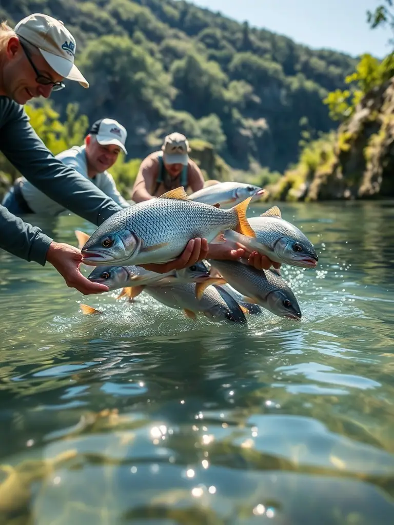 A picture of ASSOCIATION DES PECHEURS DE CELLEFROUIN members releasing fish into the river as part of a restocking program, enhancing biodiversity and supporting the local ecosystem.