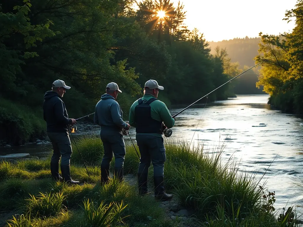 A scenic image of a group of anglers participating in a catch-and-release fishing event, emphasizing sustainable fishing practices.