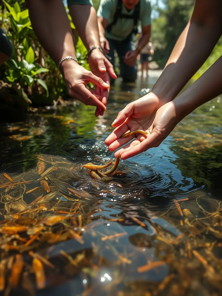 A serene image of volunteers releasing juvenile fish into a clear, flowing river, surrounded by lush greenery, symbolizing the association's commitment to restocking efforts.